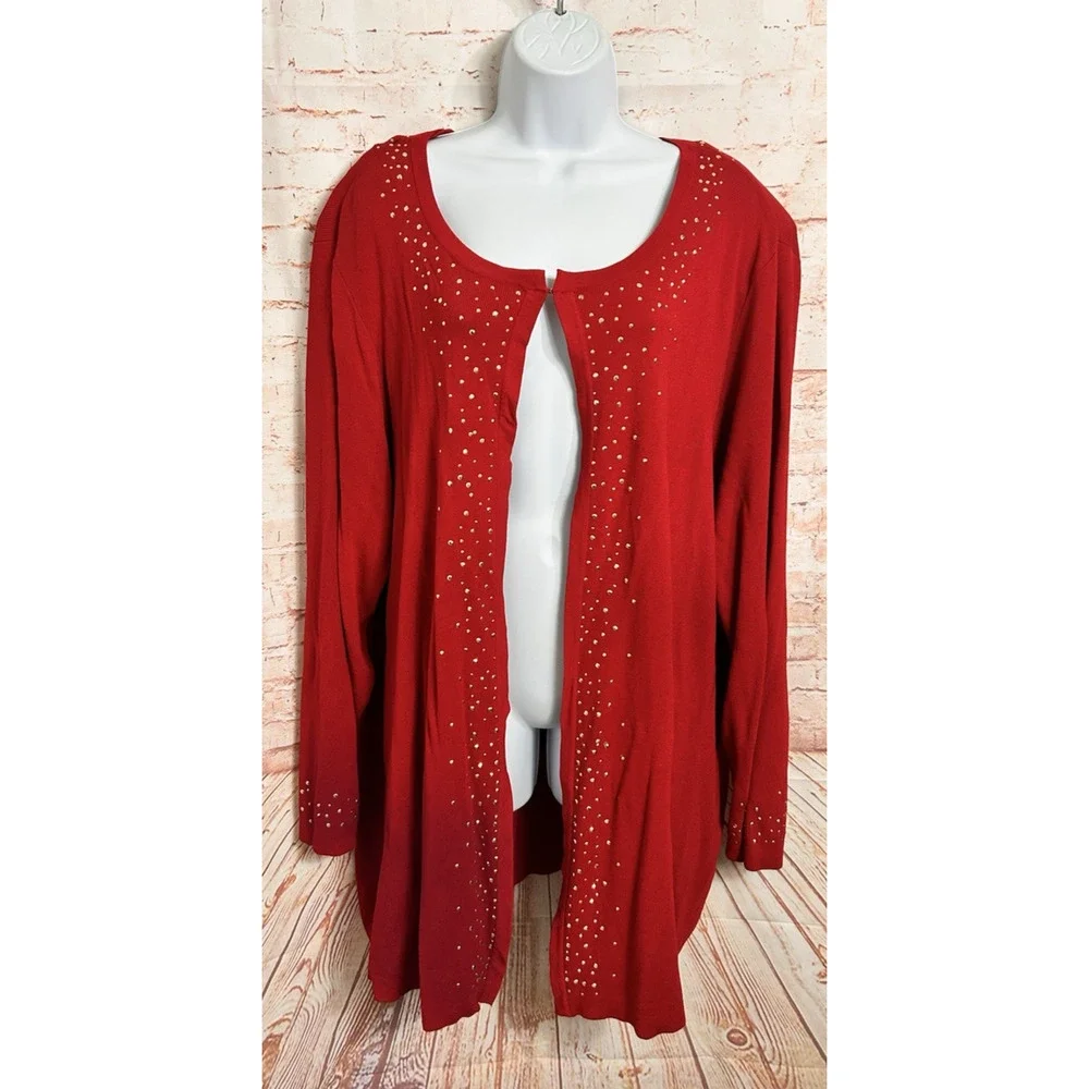 Catherines Red Cardigan Sweater Sz 3X (26W/28W) Open Front Gold Studs Ribbed Top